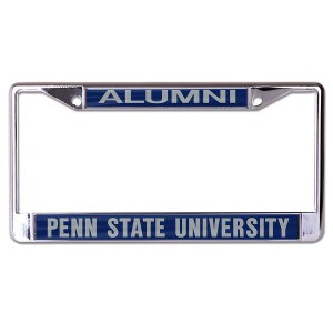 chrome license plate frame with acrylic inserts, Alumni on top, Penn State University on bottom